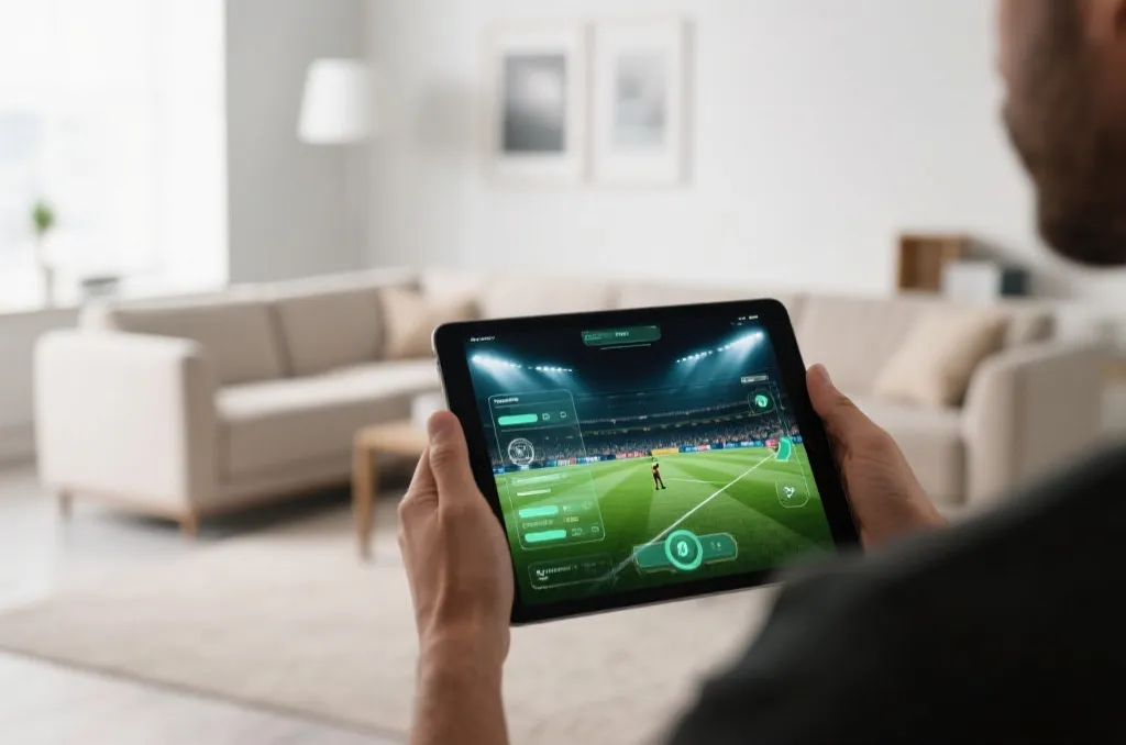 Modern living room with a sports enthusiast watching an active soccer game on a tablet with interactive elements
