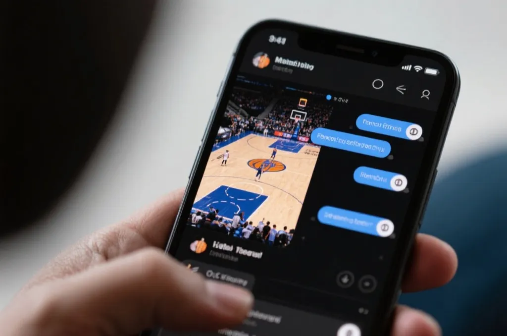 Close-up of a mobile app showing high-definition sports broadcasting and a live chat section with friendly user icons