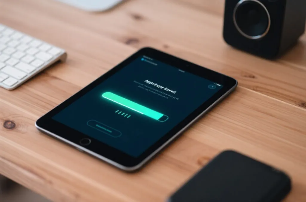 A sleek tablet on a wooden desk showing an application download progress bar with a subtle neon glow